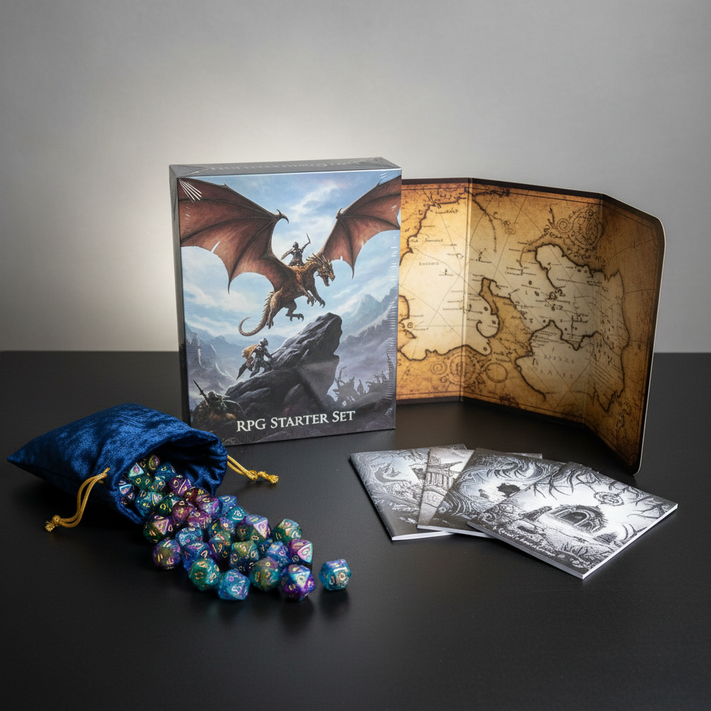 A clean, product-style photographic image of a complete RPG starter set neatly arranged on a matte black tabletop: a pristine boxed core book with a bold fantasy illustration, a velvet dice bag half open with shimmering polyhedral dice spilling out, a compact screen-like barrier standing upright, and a stack of adventure booklets fanned beside it. Soft studio lighting from two sides creates crisp, bright highlights and minimal reflections, emphasizing textures like glossy cover art and satin-finish dice. Shot from a slightly elevated angle with sharp focus throughout, against a softly blurred, neutral background. The mood is energetic yet organized, clearly showcasing the tools of imagination for role-playing games without any text or human presence.