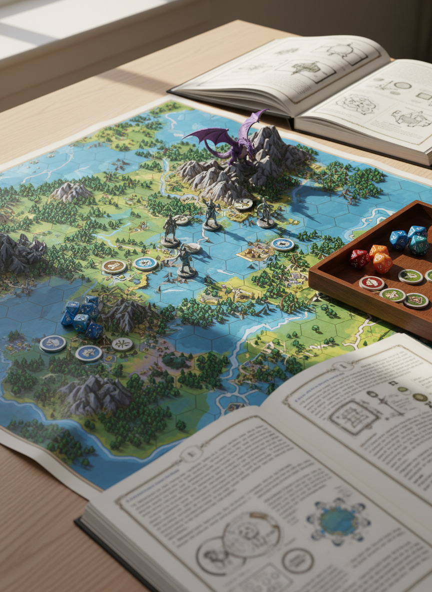 A bright, lifestyle-style tabletop scene showing an in-progress wilderness adventure represented through objects only: a colorful hex map featuring forests, mountains, and rivers spread across a light wood table, with themed tokens and miniatures marking a party’s journey. Nearby, a small tray holds neatly arranged sets of color-coordinated polyhedral dice, and a stack of illustrated sourcebooks lies open with visible but unreadable diagrams. Daylight streams in from a large unseen window, creating soft, natural highlights and gentle shadows that add depth without harsh contrast. Shot from a slightly elevated diagonal angle with moderate depth of field so key elements remain clear. The overall mood is playful, adventurous, and welcoming, emphasizing how role-playing games can transform a simple table into an endless world of imagination.