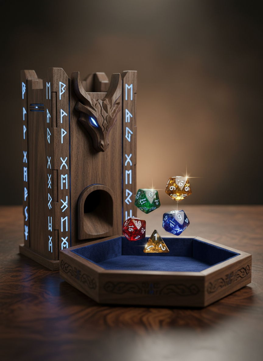 A specialized product-focused image of premium RPG accessories: a handcrafted wooden dice tower with intricate carved runes, a matching dice tray lined with deep blue velvet, and several jewel-toned polyhedral dice mid-roll inside the tray, captured as if frozen in motion. The set rests on a dark, subtly textured tabletop that contrasts with the warm wood grain. Controlled studio lighting from above and slightly behind creates a soft rim light on the tower’s edges and sparkling highlights on the dice facets. Photographic realism, captured in a tight, centered composition with shallow depth of field to isolate the products. The mood is polished and delightfully playful, highlighting high-quality tools that enhance the tactile joy of role-playing games without showing any users.