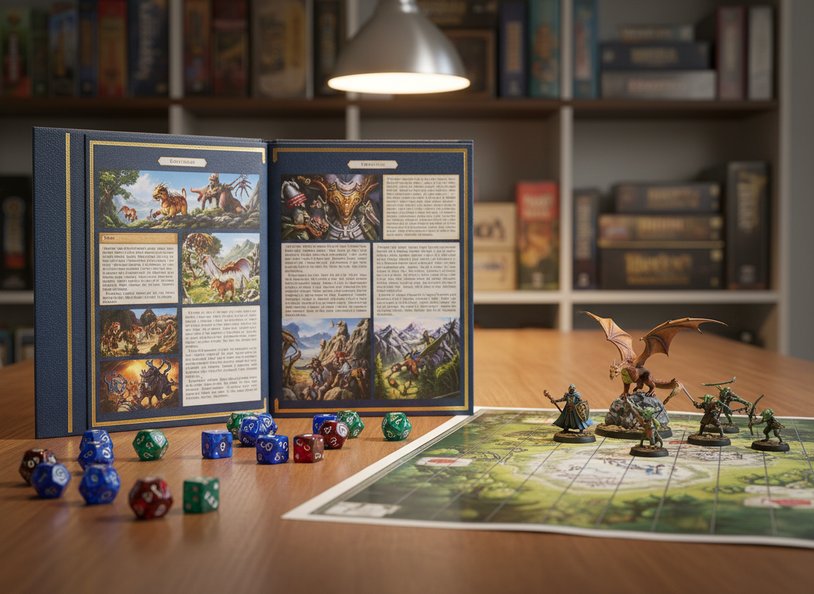 A vibrant tabletop role-playing game scene focused on an open, hardback rulebook with rich, illustrated pages and a cluster of colorful polyhedral dice in translucent blues, reds, and emerald greens scattered across a smooth wooden table. Nearby, a few finely detailed fantasy miniatures—knights, wizards, and dragons—stand in formation on a gridded battle map. Soft, warm pendant lighting from above creates gentle reflections on the dice edges and subtle shadows from the miniatures. The background fades into a cozy, slightly blurred game shelf filled with boxes and accessories. Photographic realism, eye-level composition with shallow depth of field, playful and inviting mood that suggests endless imaginative adventures without showing any people.
