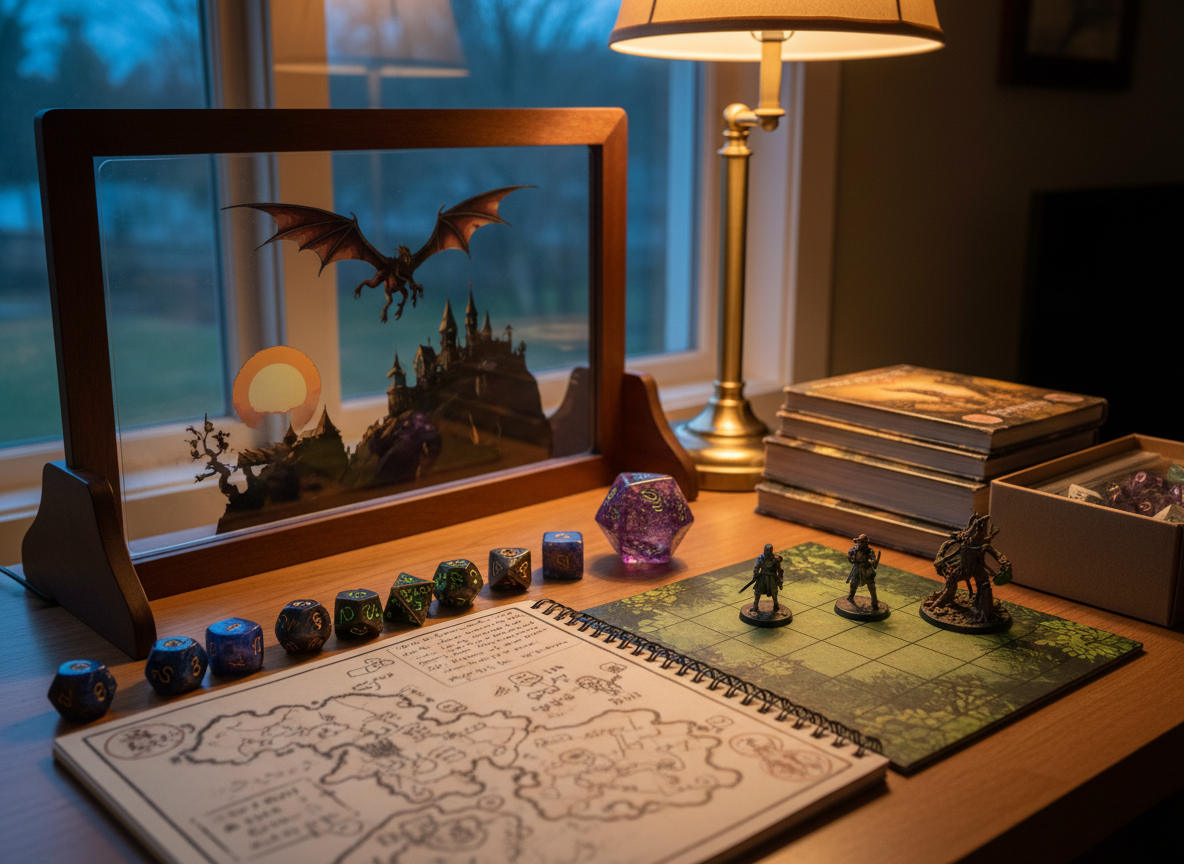 A cozy, imaginative RPG "command center" on a desk, featuring a screen-like barrier standing upright with fantasy art facing away from the camera, a spiral notebook open with sketched maps and notes, and a carefully arranged collection of unusual dice—metallic, gemstone-style, and oversized novelty pieces—lined up in front. A few fantasy-themed miniatures rest on a small gridded mat beside a stack of adventure modules and accessory boxes. Soft, diffused desk lamp light mixes with faint evening window light, creating a warm, inviting glow and gentle reflections off metallic dice. Photographic realism, captured from a three-quarter angle at eye level. The atmosphere is relaxed, creative, and slightly whimsical, suggesting a storyteller preparing endless horizons of adventure without featuring any people.