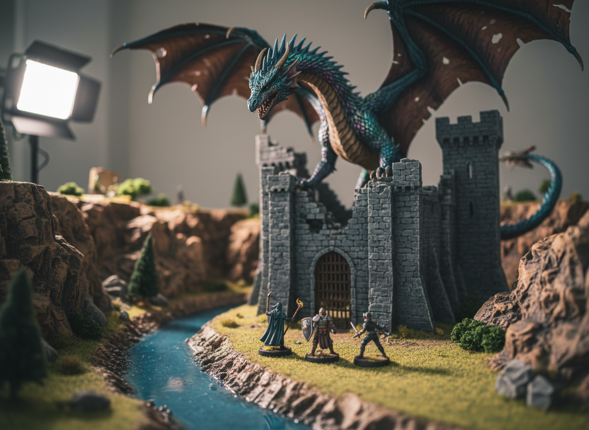 A heroic fantasy scene staged entirely with miniatures and props on a tabletop diorama: a towering, hand-painted dragon miniature with iridescent scales looms over a ruined stone castle, while a party of tiny adventurer figures—armored fighter, robed spellcaster, agile rogue—stand ready at the gate. The terrain features textured cliffs, flocked grass, and a winding river made from glossy resin. Dramatic side lighting from a single soft studio source creates cinematic shadows and vivid highlights, like a movie still in miniature scale. Shot at a very low angle, level with the figures, using shallow depth of field so the front characters are razor sharp while the background softens into gentle bokeh. The mood is epic yet playful, emphasizing the limitless stories possible in role-playing games.