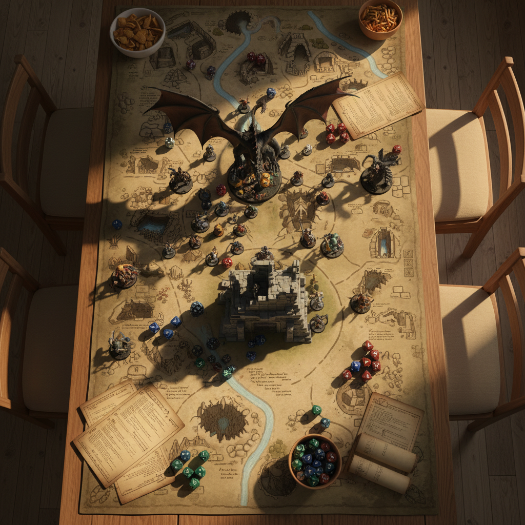 An overhead, photographic view of an RPG session in progress represented only by objects: a large wooden table covered with a detailed dungeon map, scattered multi-colored dice, character sheets with visible but unreadable markings, and clusters of painted fantasy miniatures engaged in a battle. A few empty chairs are partially visible at the table edges, implying players without showing them. Warm golden-hour sunlight pours in from a nearby window, casting long, playful shadows from the miniatures across the map. The composition uses the rule of thirds, with the central focus on a towering dragon miniature rearing above tiny heroes. The mood is lively, colorful, and full of anticipation, conveying shared storytelling and limitless imagination.